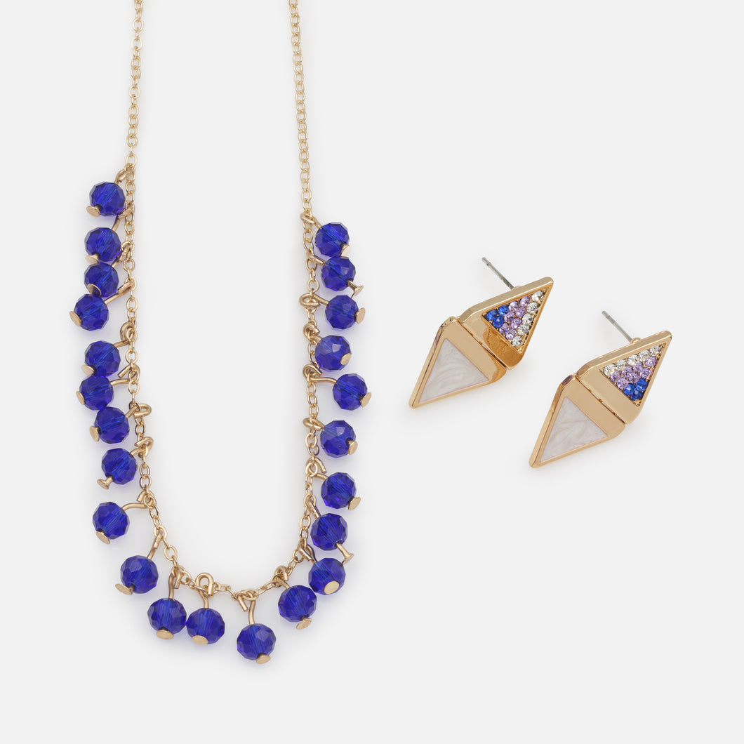 Royal blue ball necklace and gold triangle earrings set with mother-of-pearl and cubic zirconia