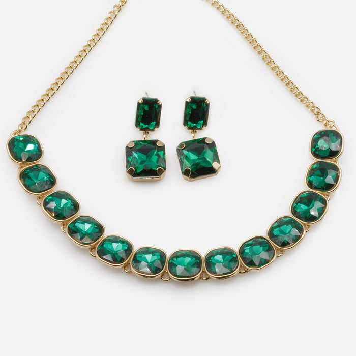 Ensemble collier et boucles d'oreilles dorées avec pierres émeraude