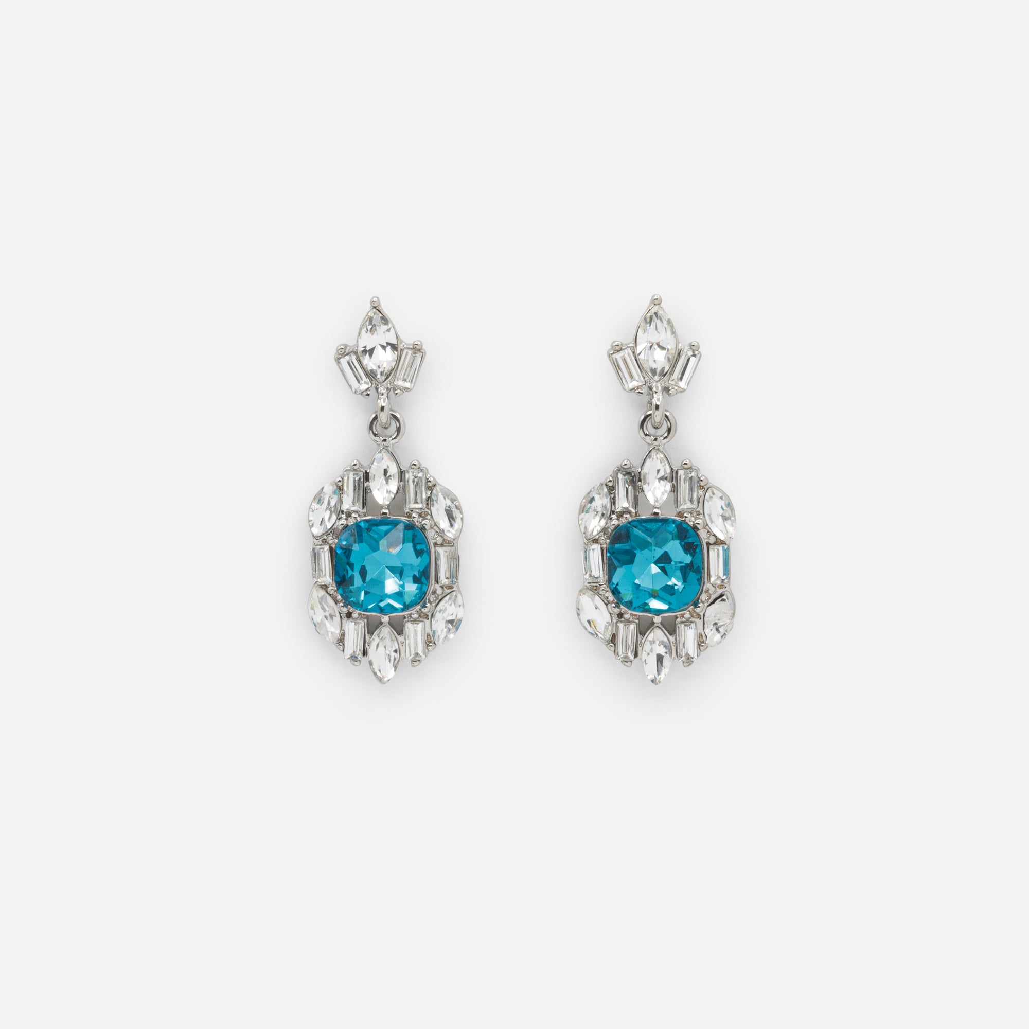 Ensemble collier et boucles d'oreilles pendantes argentés avec pierres blanches et turquoise