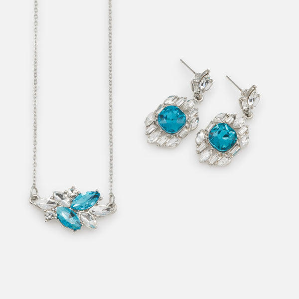 Charger l&#39;image dans la galerie, Ensemble collier et boucles d&#39;oreilles pendantes argentés avec pierres blanches et turquoise
