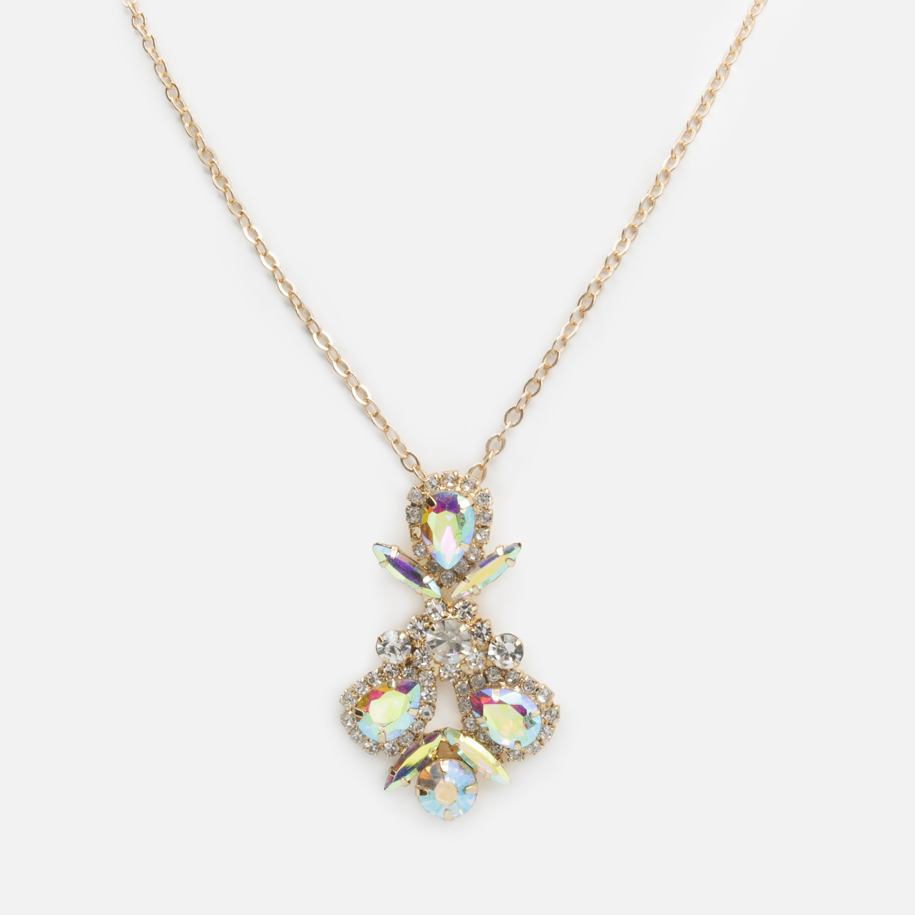 Ensemble collier et boucles d'oreilles dorés bouquets de pierres aux reflets irisés