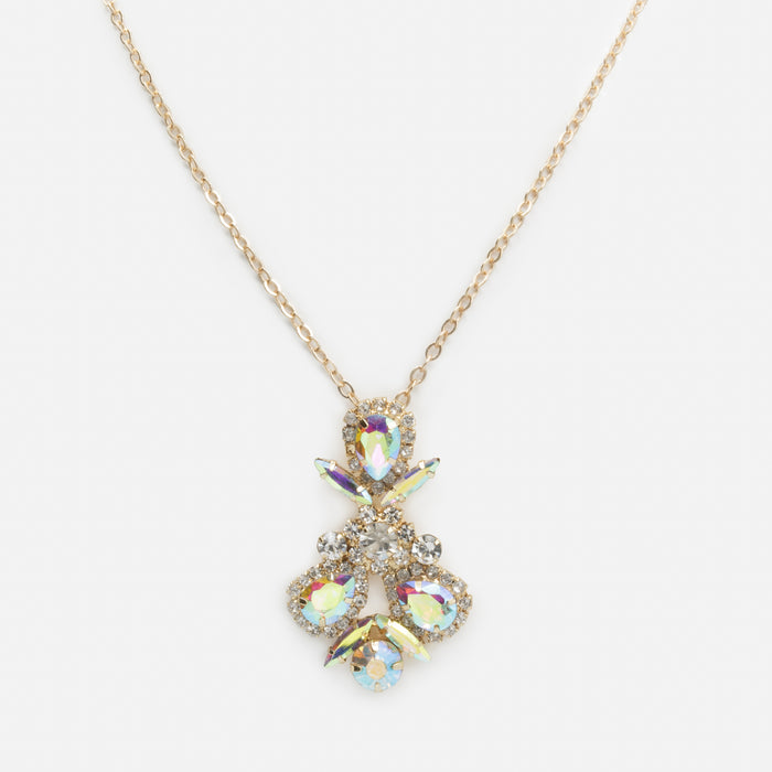 Ensemble collier et boucles d'oreilles dorés bouquets de pierres aux reflets irisés