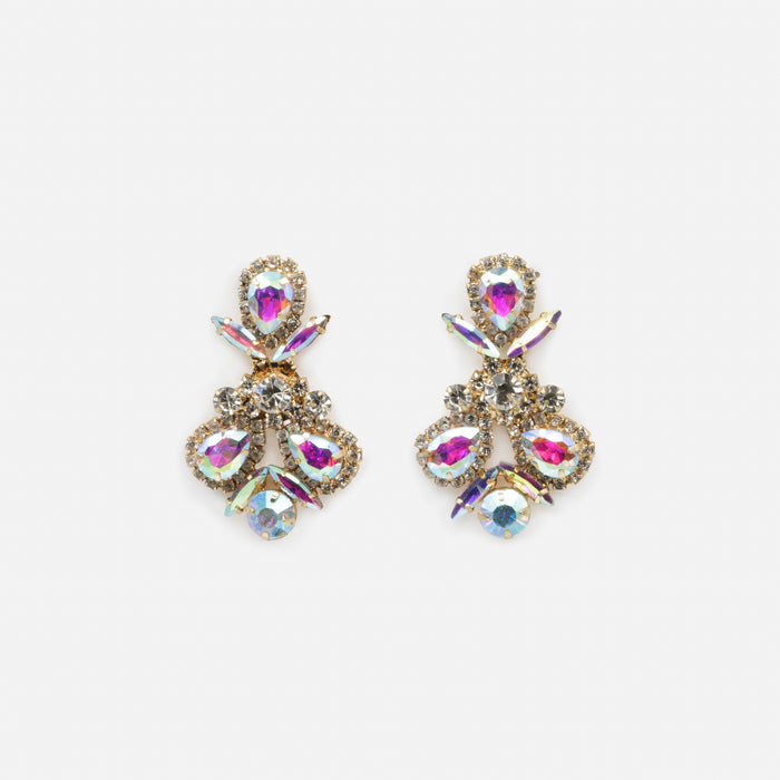 Ensemble collier et boucles d'oreilles dorés bouquets de pierres aux reflets irisés