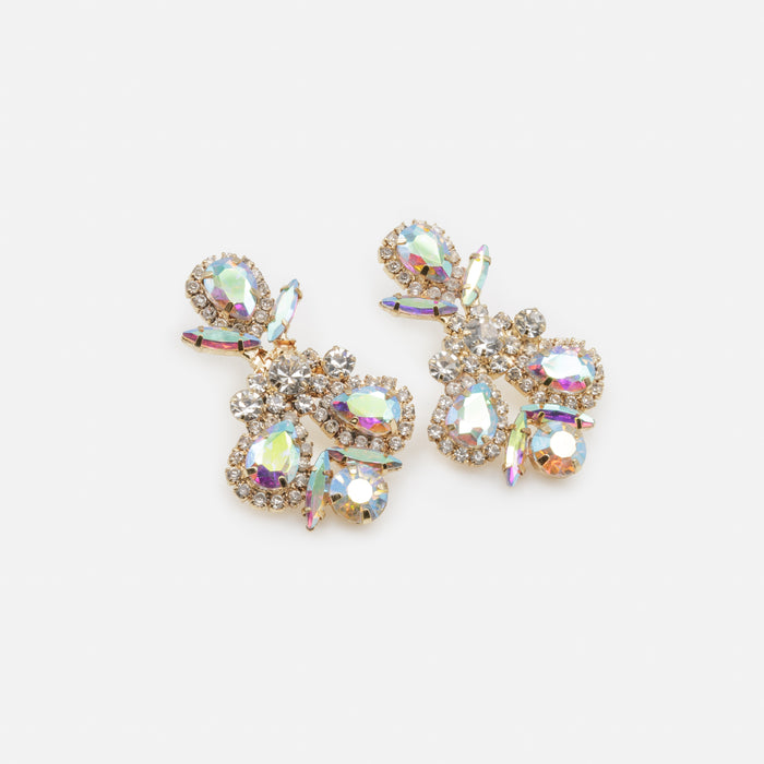 Ensemble collier et boucles d'oreilles dorés bouquets de pierres aux reflets irisés