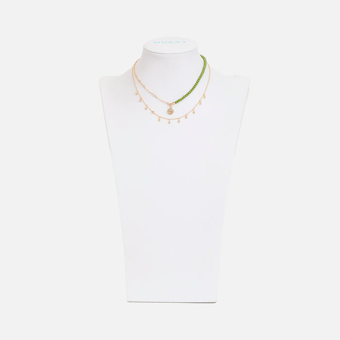 Ensemble deux colliers dorés avec billes vert kaki