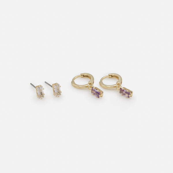 Load image into Gallery viewer, Duo of golden earrings with white stone and rings with purple stone charm
