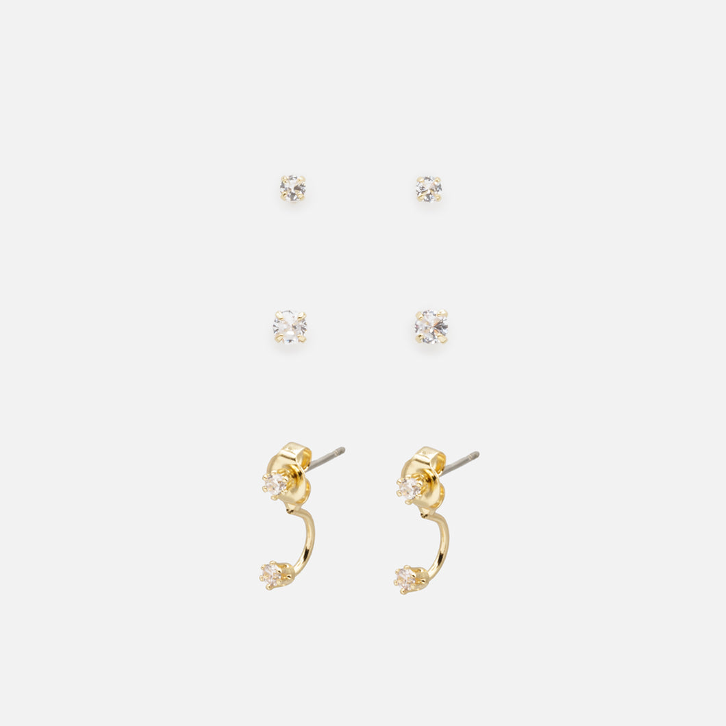 Set of three gold fixed earrings with cubic zirconia