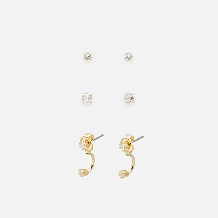 Trio of gold-plated fixed earrings with cubic zirconia