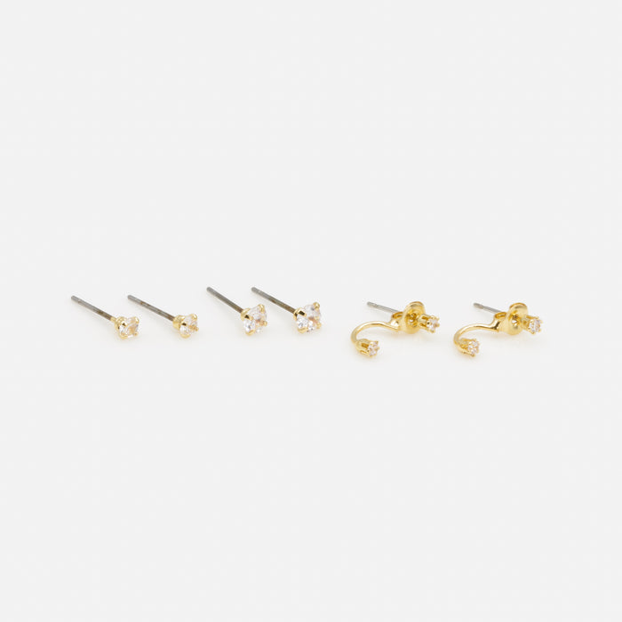 Trio of gold-plated fixed earrings with cubic zirconia