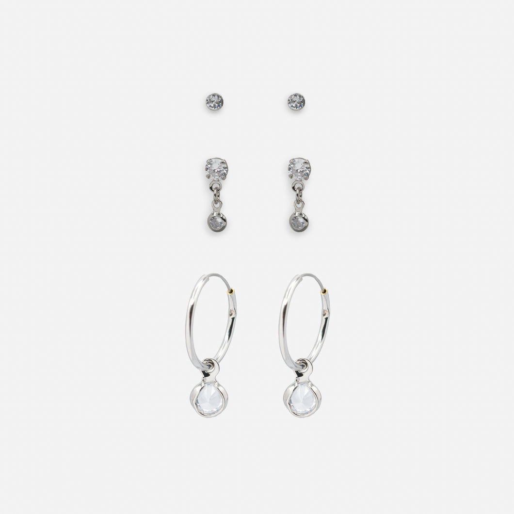 Trio de boucles d'oreilles argentées avec zircons cubiques