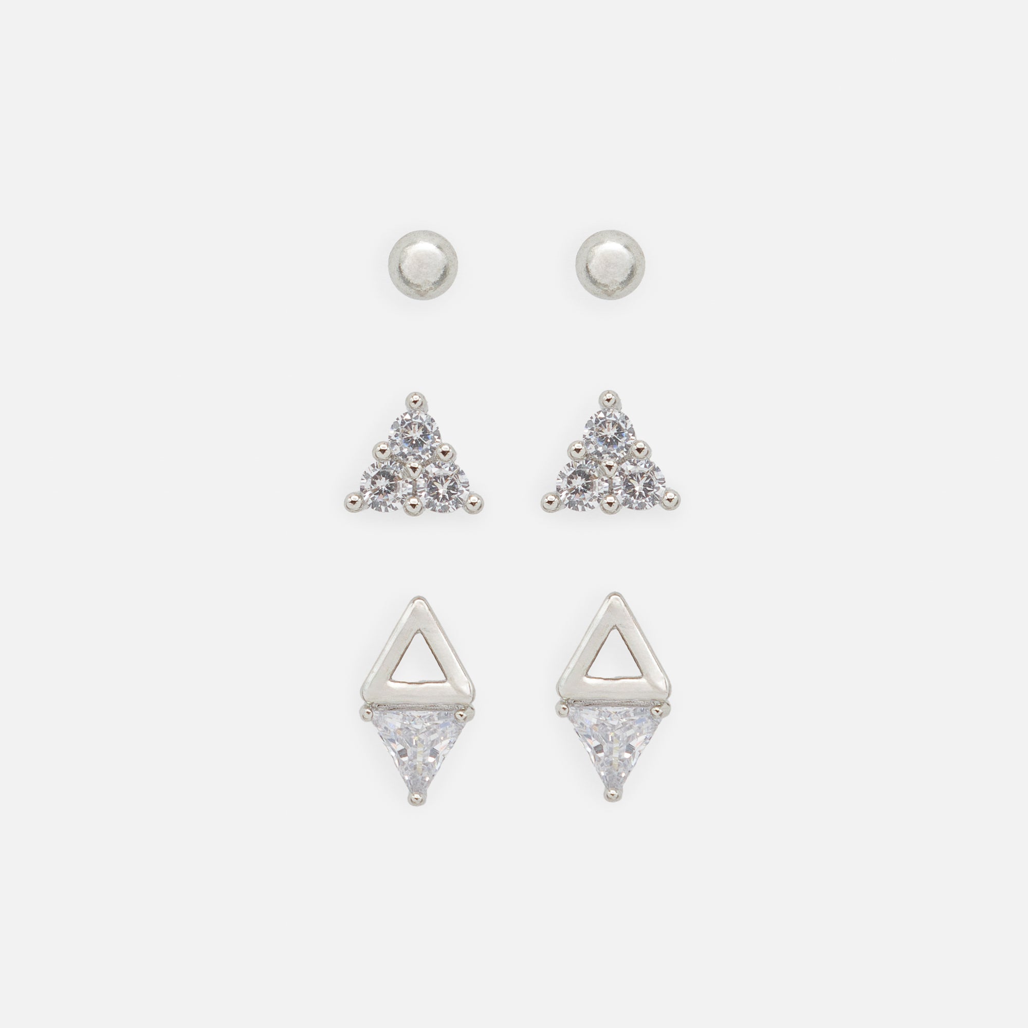 Trio of triangular and silver ball earrings with cubic zirconia