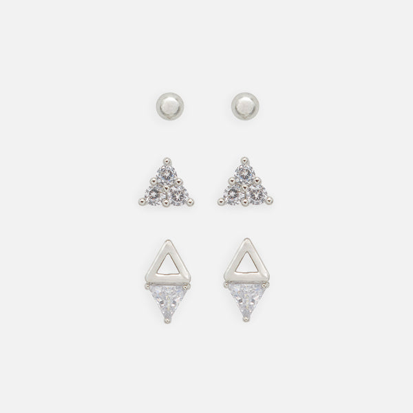 Load image into Gallery viewer, Trio of triangular and silver ball earrings with cubic zirconia
