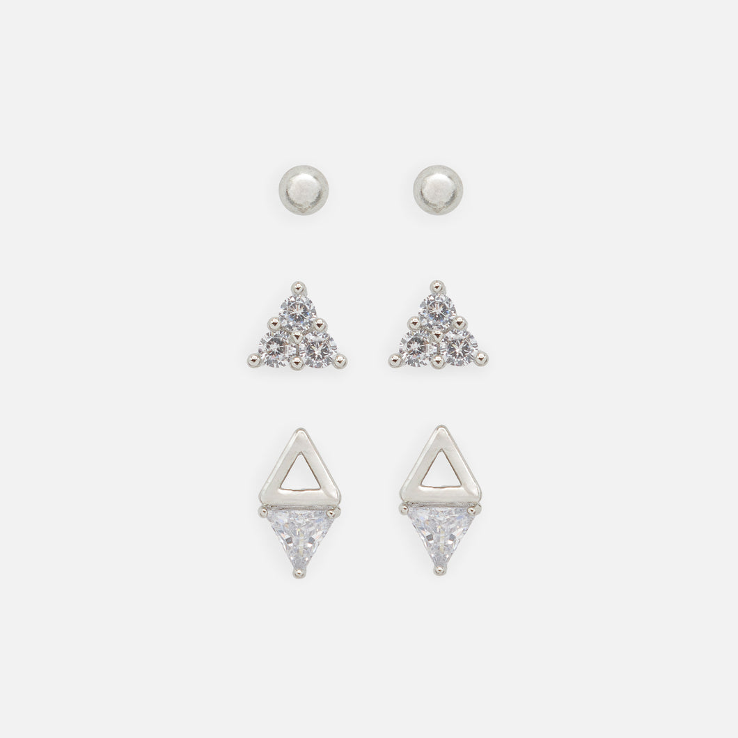 Trio de boucles d'oreilles triangulaires et boules argentées avec zircons cubiques