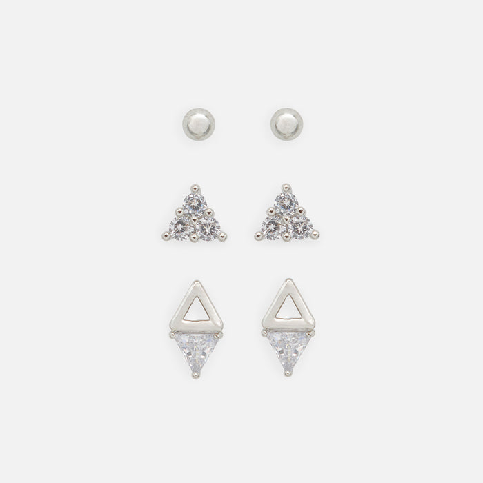 Trio de boucles d'oreilles triangulaires et boules argentées avec zircons cubiques