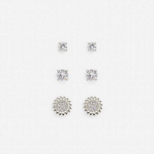 Load image into Gallery viewer, Trio of silver sunflower and cubic zirconia earrings
