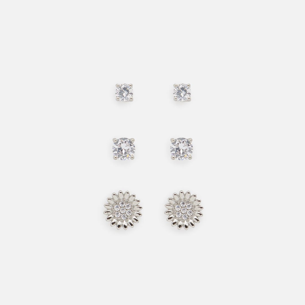 Trio of silver sunflower and cubic zirconia earrings