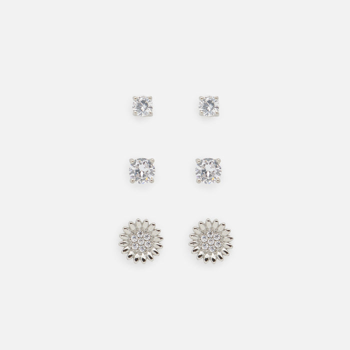 Trio de boucles d'oreilles argentées tournesol et zircons cubiques