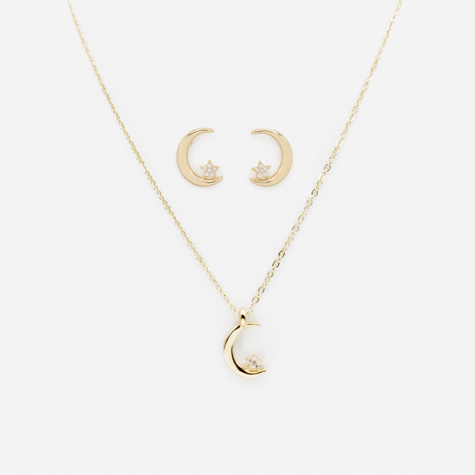 Golden crescent moon and star necklace and earrings set with cubic zirconia