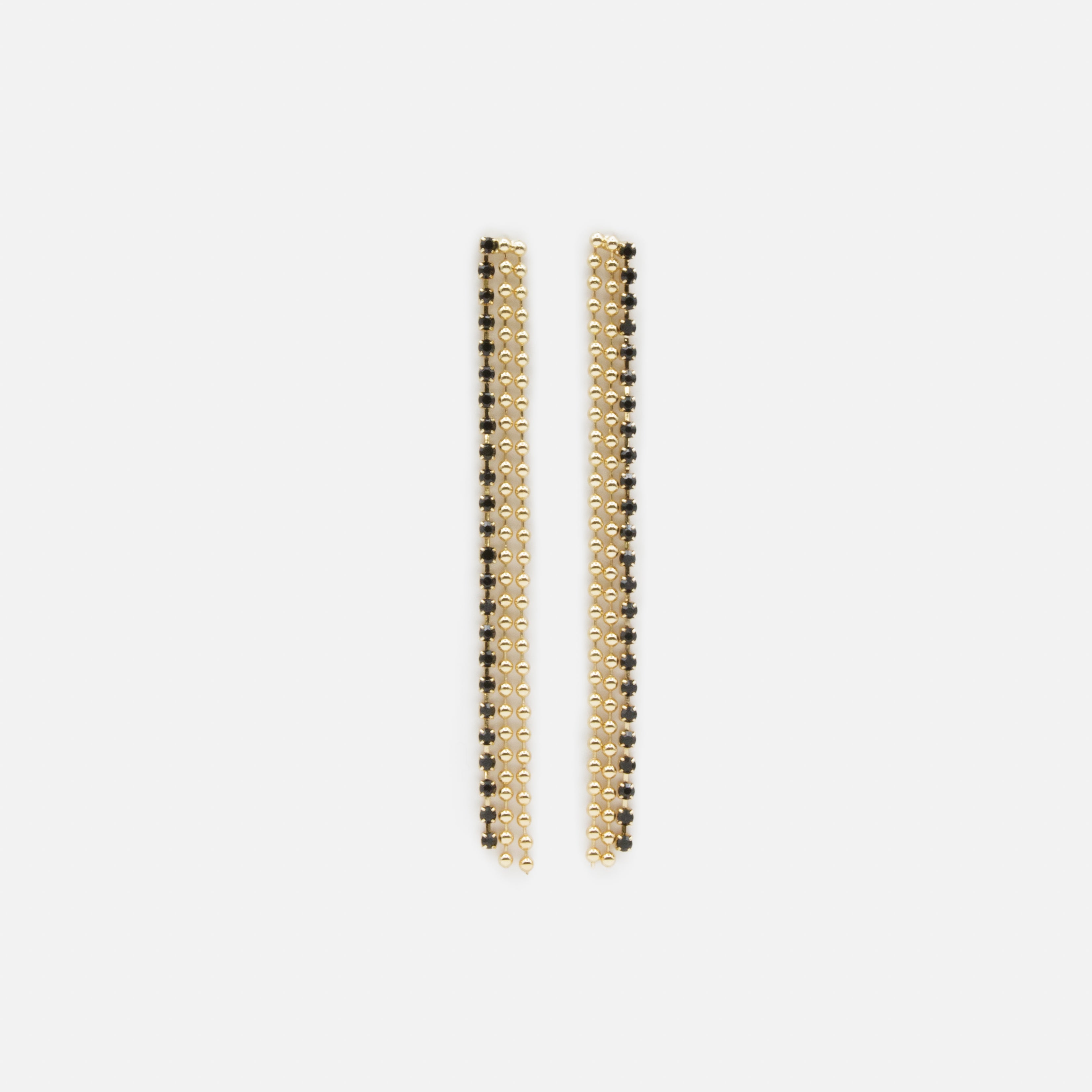 Longues boucles d'oreilles billes dorées et fines pierres noires