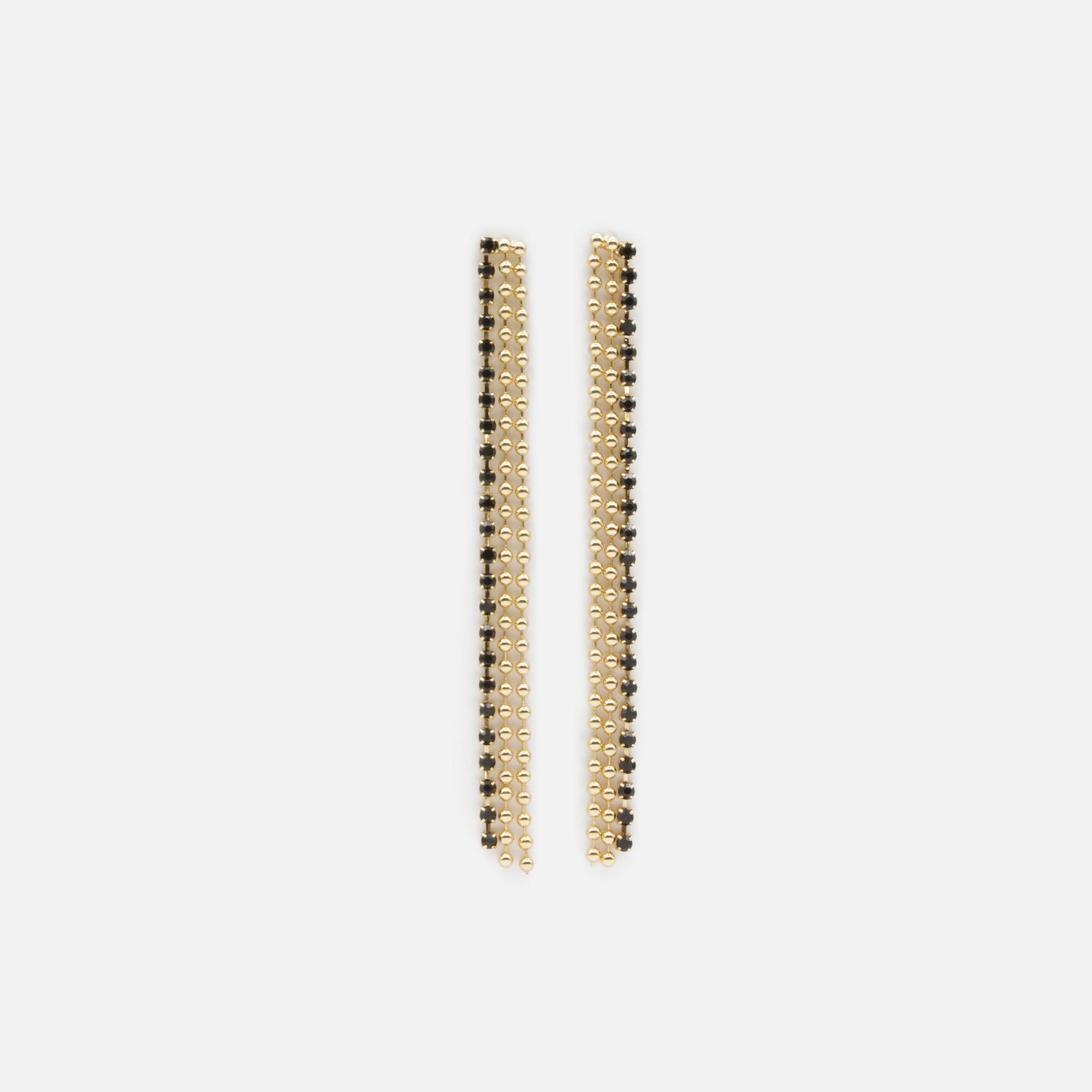 Longues boucles d'oreilles billes dorées et fines pierres noires
