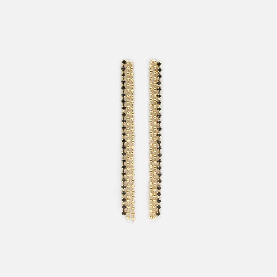 Longues boucles d'oreilles billes dorées et fines pierres noires