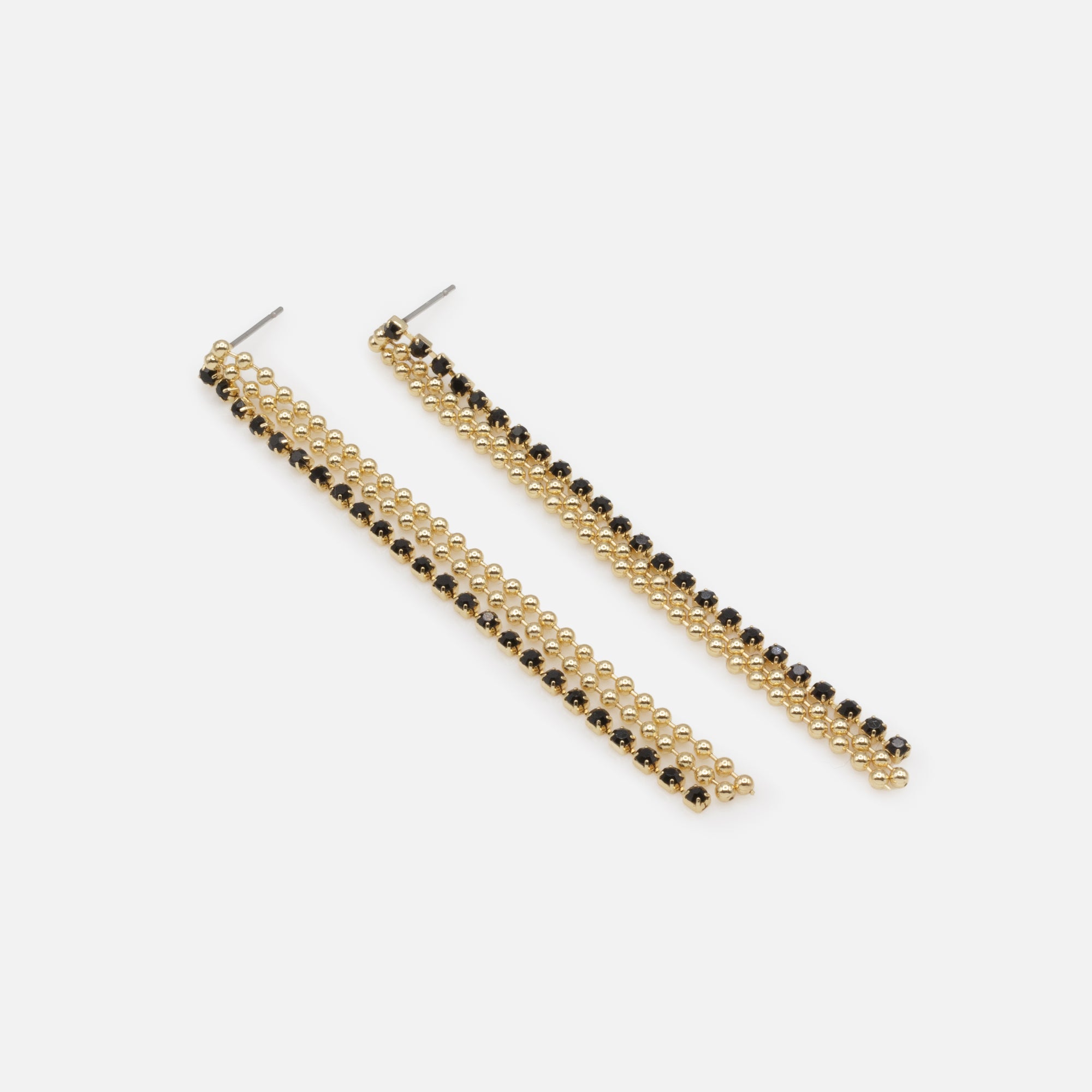 Longues boucles d'oreilles billes dorées et fines pierres noires