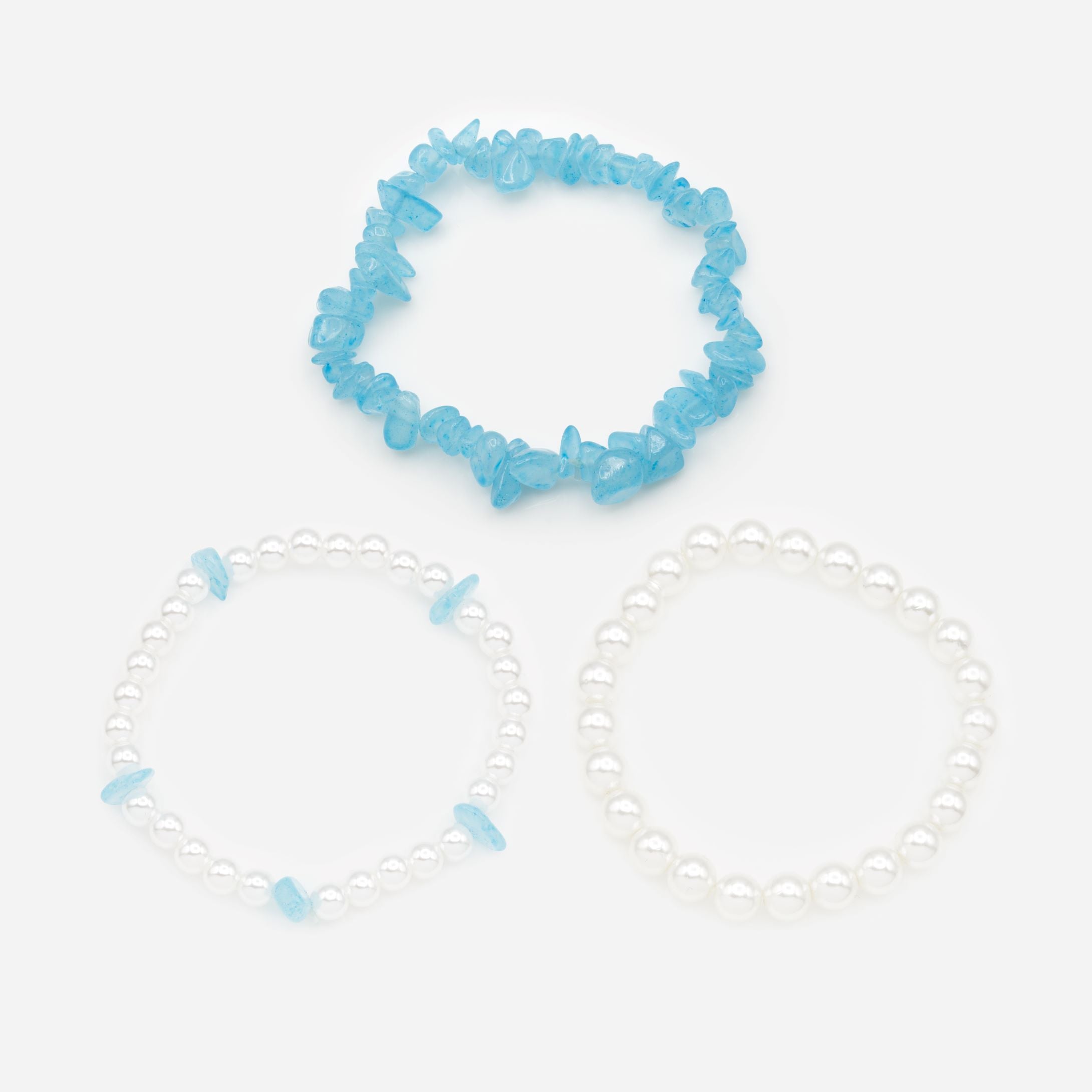 Trio of pale blue pearl and stone bracelets