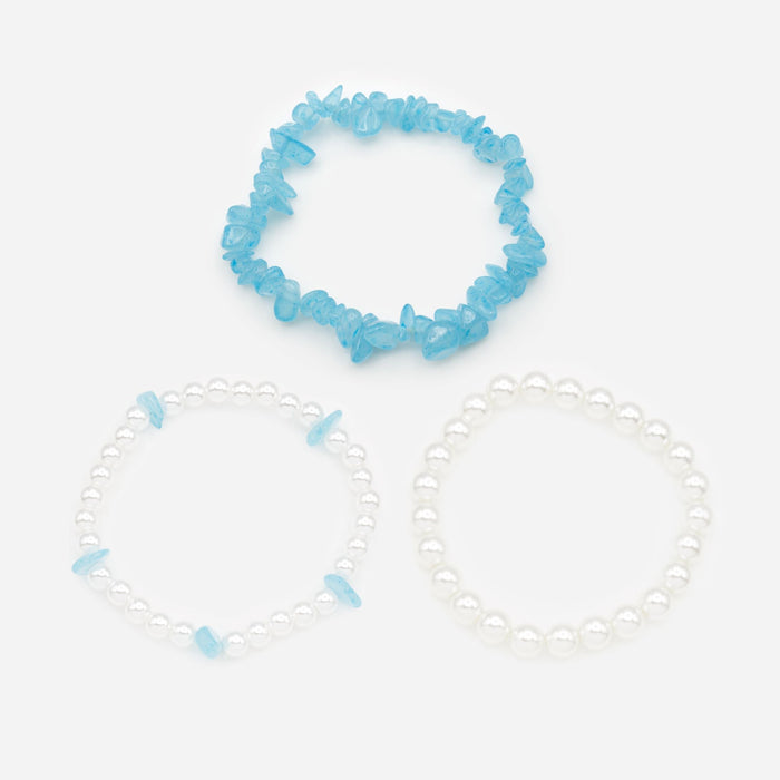 Trio of pale blue pearl and stone bracelets