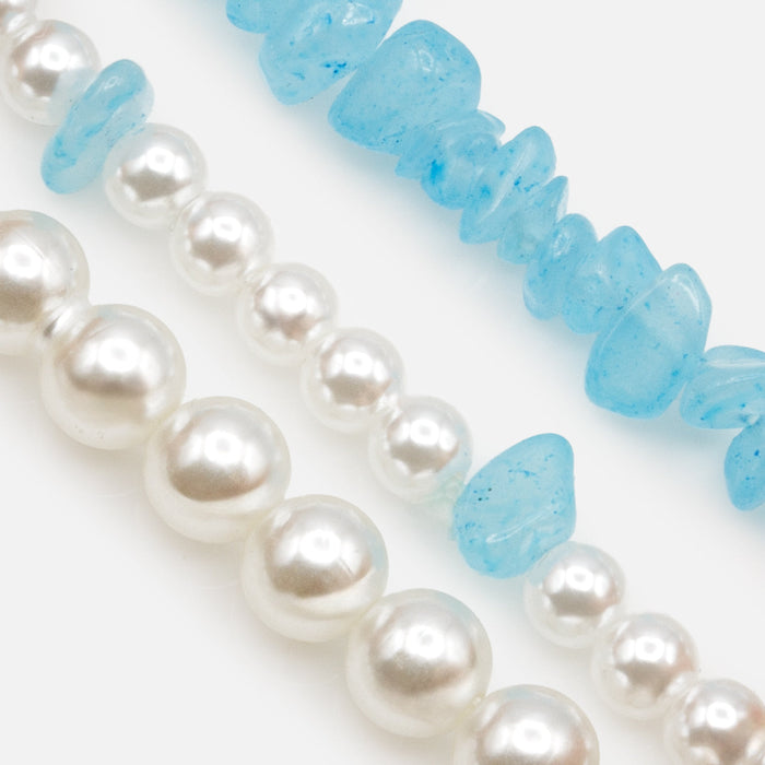 Trio of pale blue pearl and stone bracelets