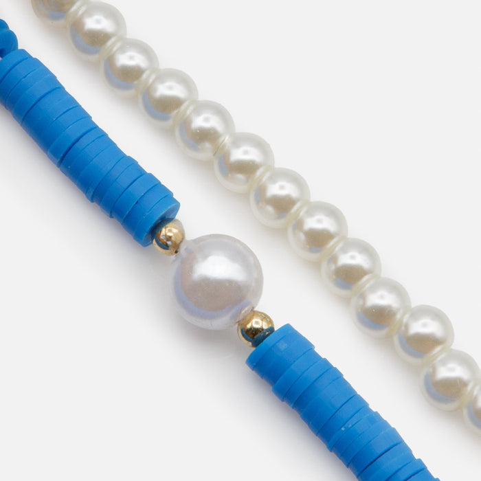 Pair of blue pearl and bead bracelets