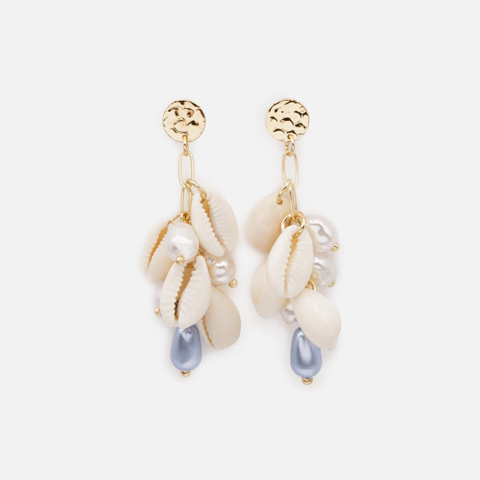 Long gold pearl and shell earrings