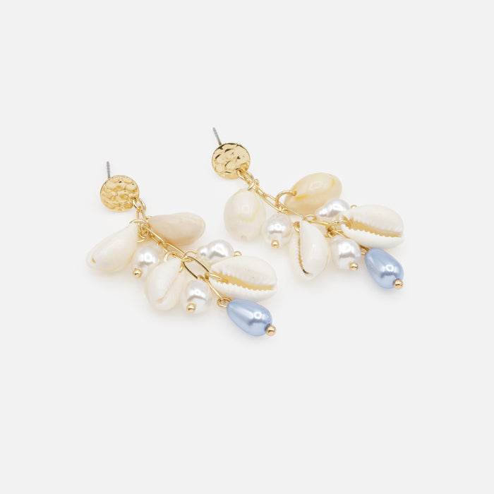 Long gold pearl and shell earrings