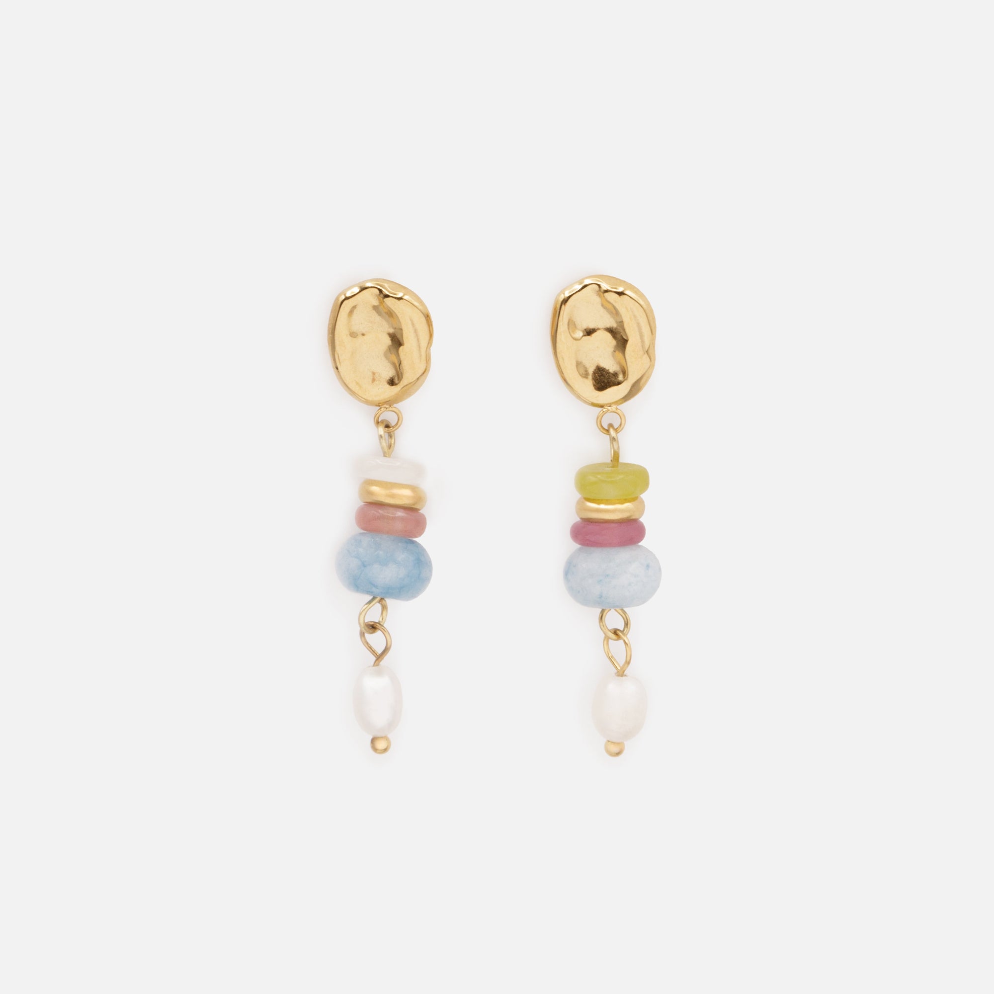Gold-plated dangling earrings with colored stones