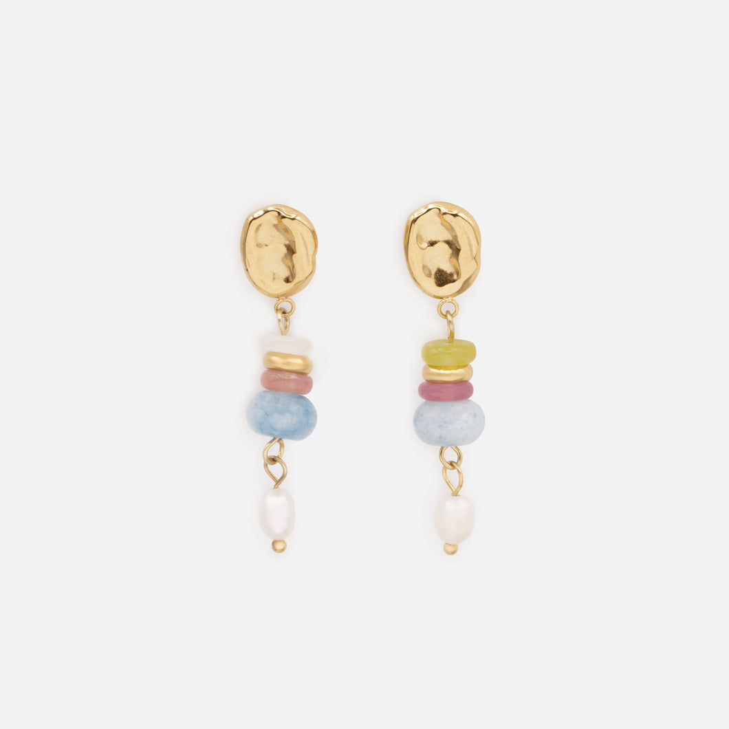 Gold-plated dangling earrings with colored stones