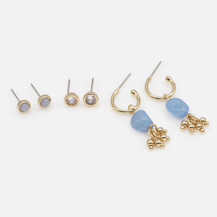 Trio of golden earrings with colored stones