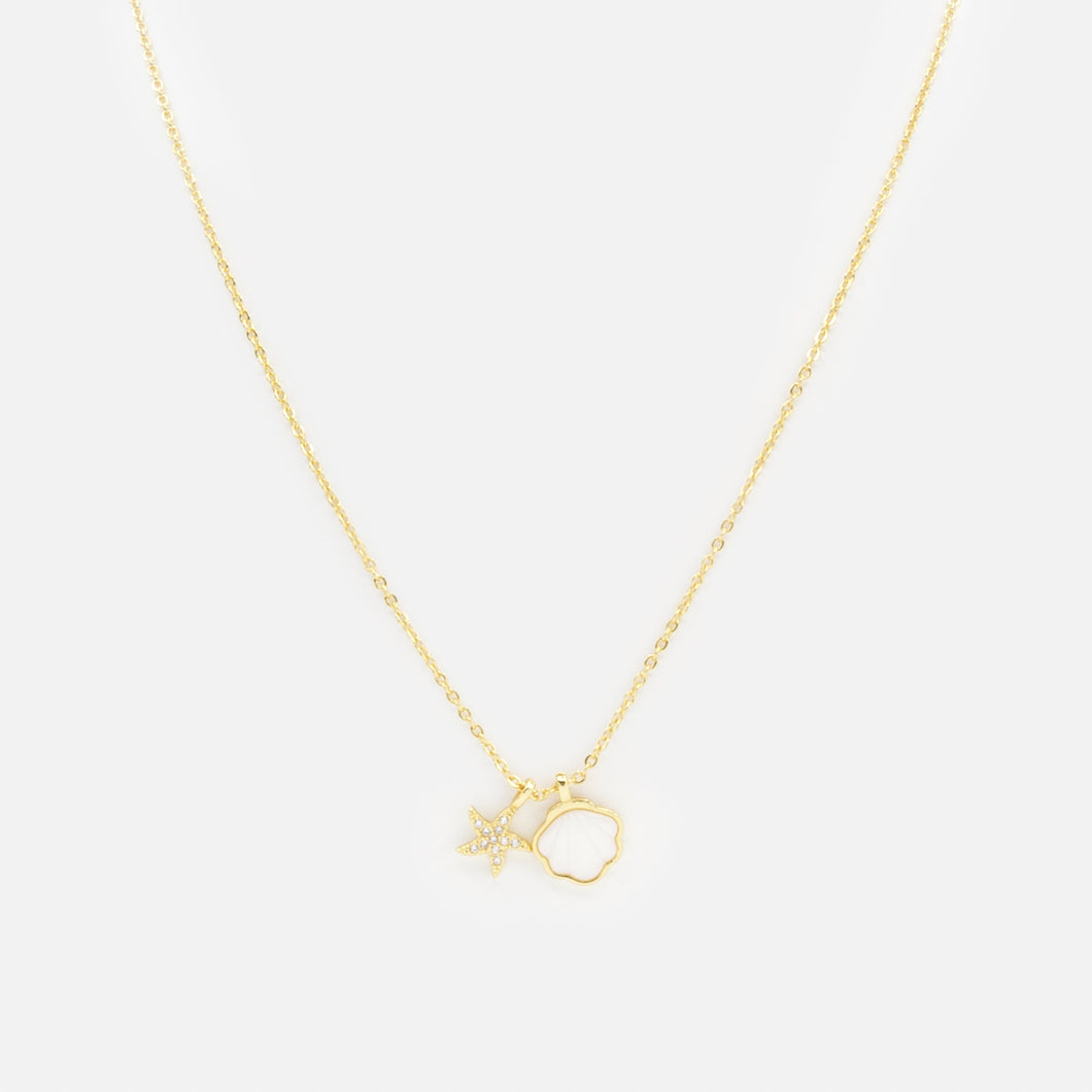 Gold necklace with shell and starfish charms