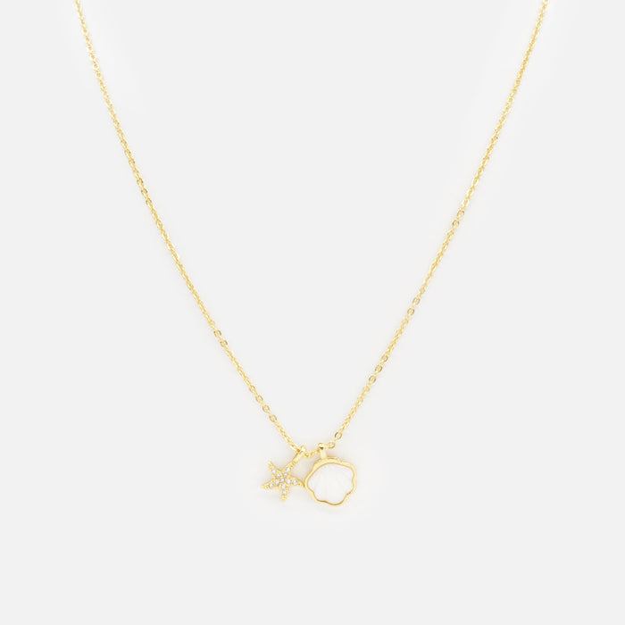 Gold necklace with shell and starfish charms