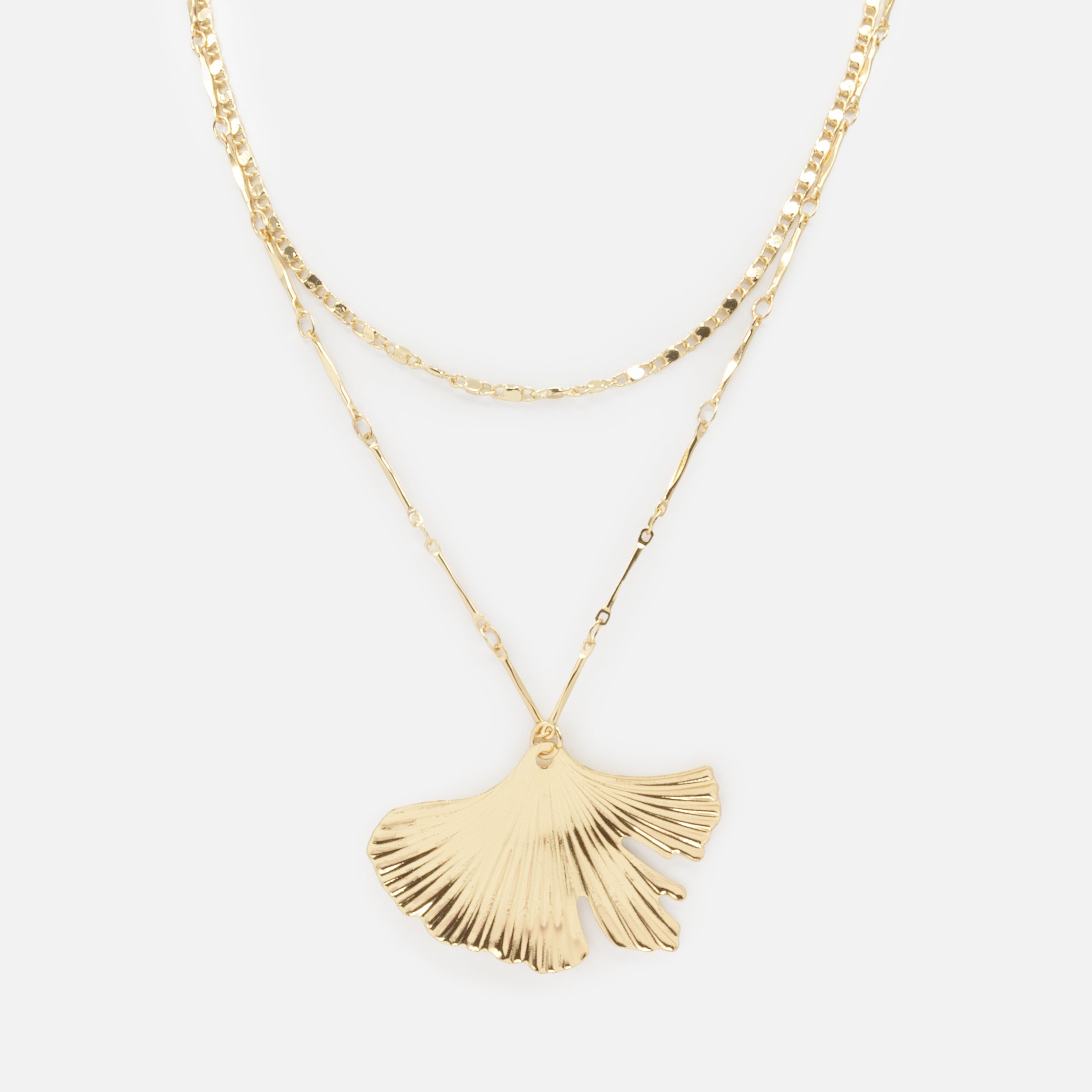 Gold double chain necklace with coral pendant