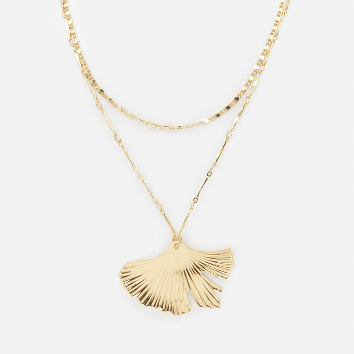 Gold double chain necklace with coral pendant
