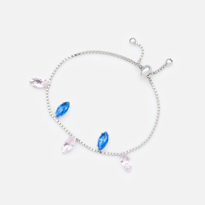 Adjustable silver bracelet with pink and blue stones