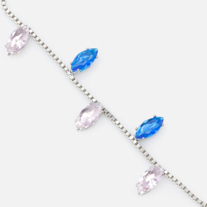 Adjustable silver bracelet with pink and blue stones