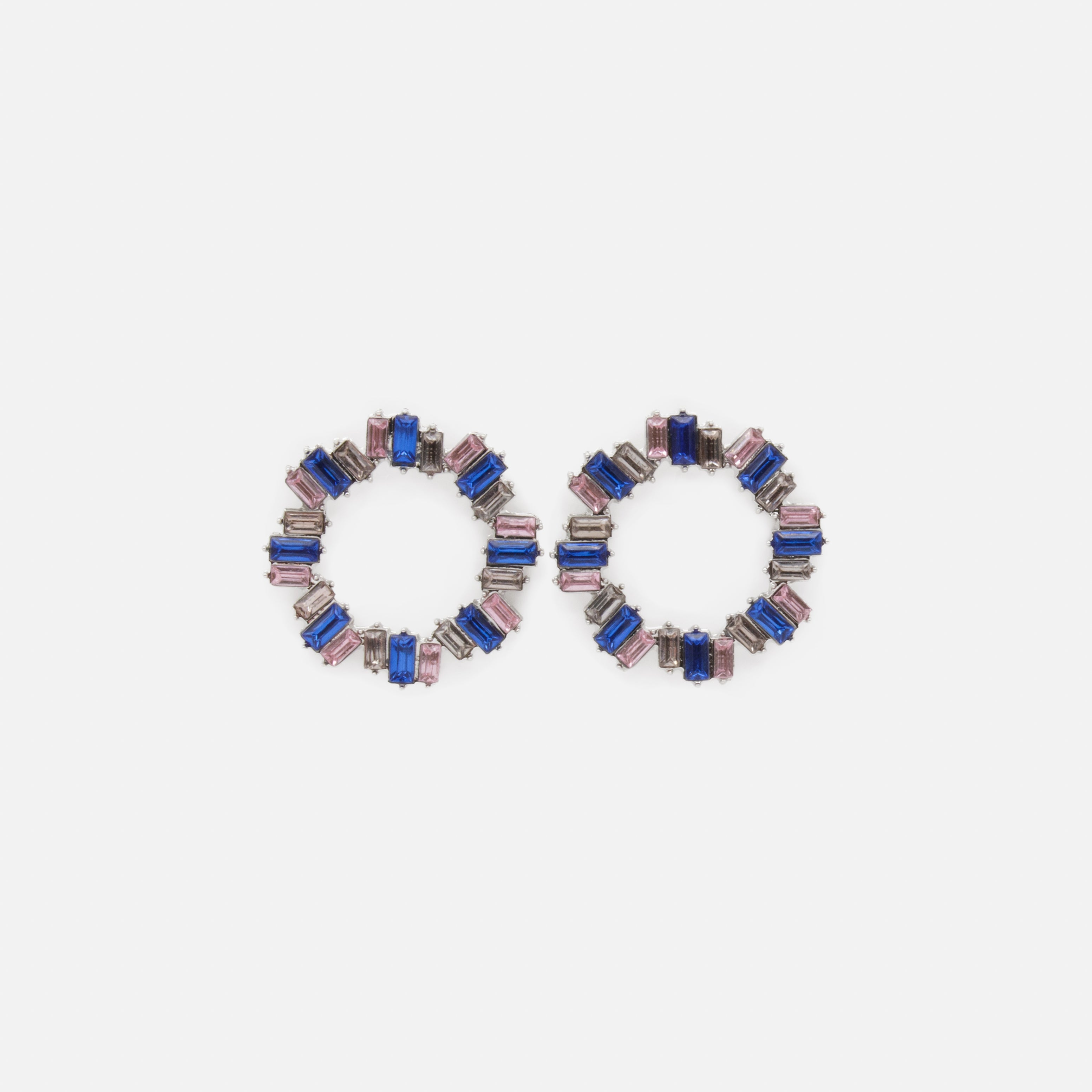 Boucles d'oreilles argentées pierres rectangulaires roses et bleues