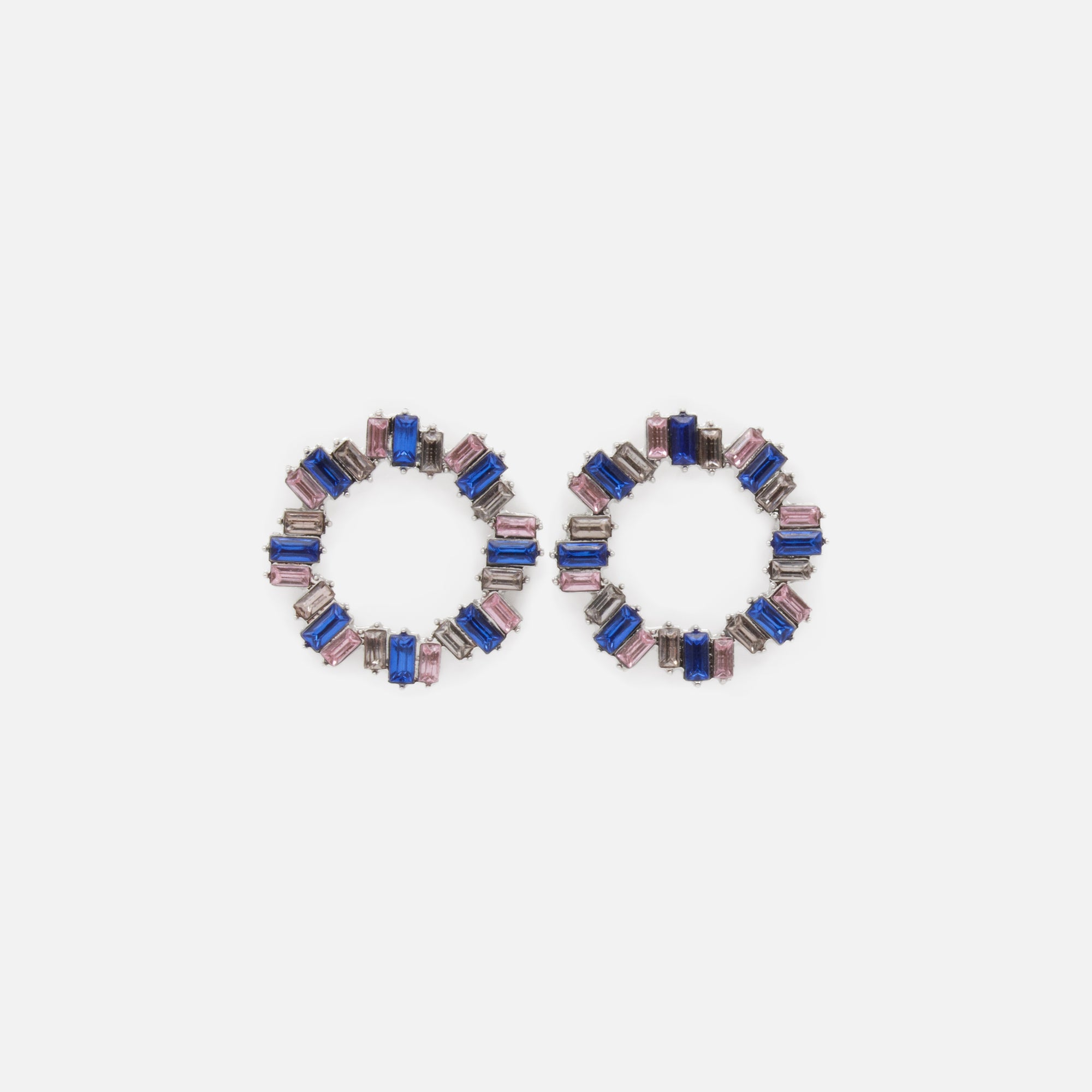 Boucles d'oreilles argentées pierres rectangulaires roses et bleues