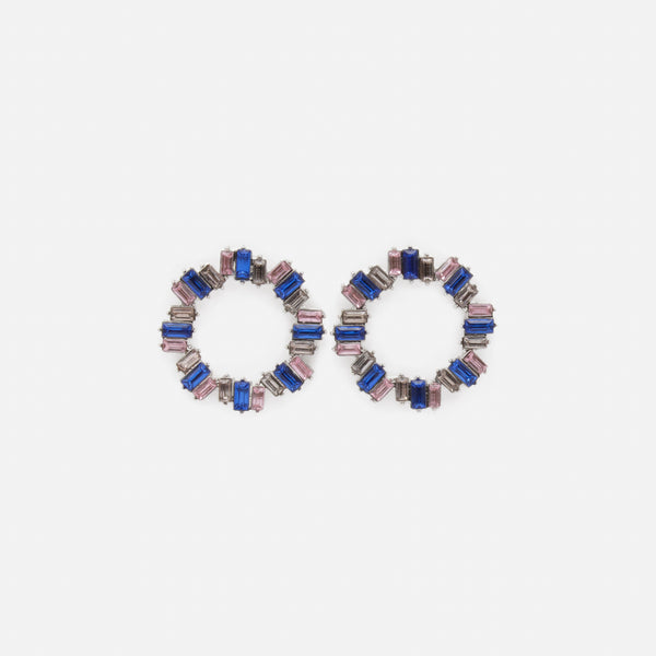 Charger l&#39;image dans la galerie, Boucles d&#39;oreilles argentées pierres rectangulaires roses et bleues
