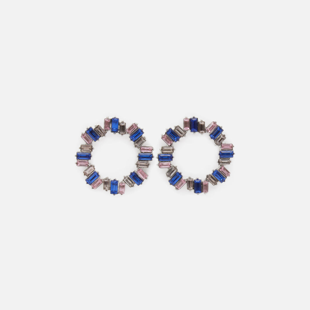 Boucles d'oreilles argentées pierres rectangulaires roses et bleues