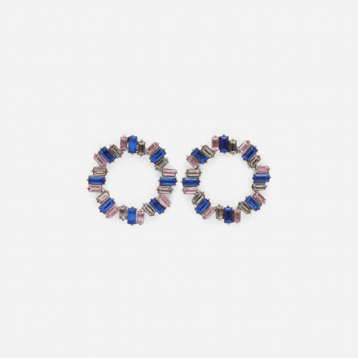 Boucles d'oreilles argentées pierres rectangulaires roses et bleues