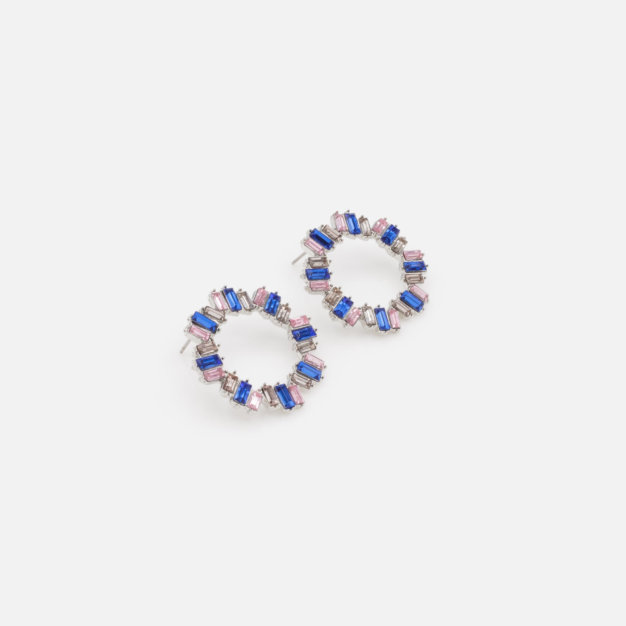 Boucles d'oreilles argentées pierres rectangulaires roses et bleues