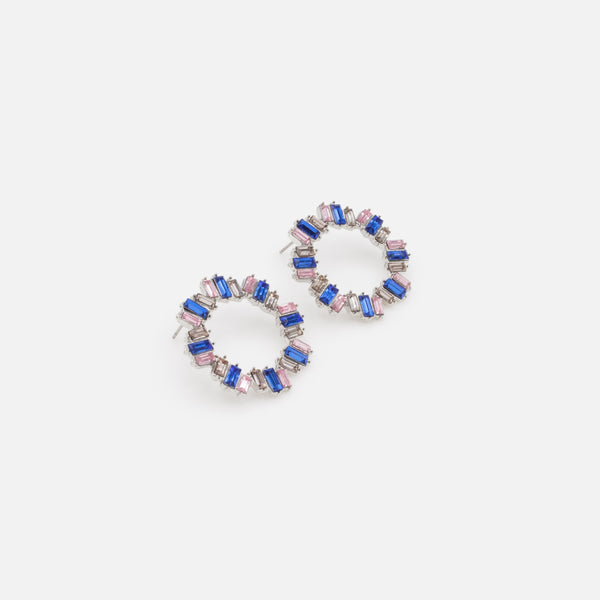 Charger l&#39;image dans la galerie, Boucles d&#39;oreilles argentées pierres rectangulaires roses et bleues
