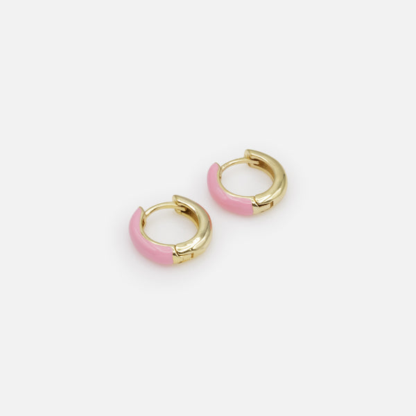 Load image into Gallery viewer, 15mm Gold and Pink Huggie Hoop Earrings
