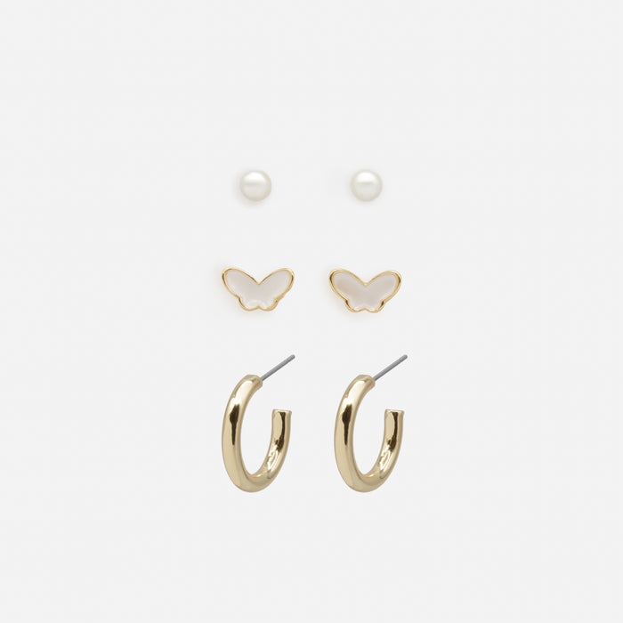 Trio de boucles d'oreilles papillons blancs et anneaux dorés